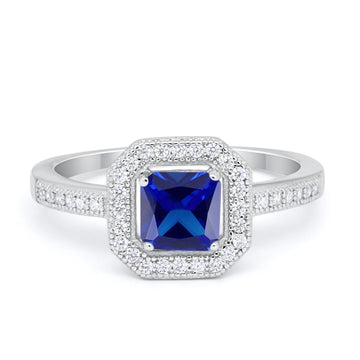 Halo Accent Engagement Ring Simulated Blue Sapphire CZ 925 Sterling Silver